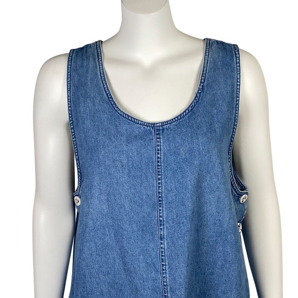 Vintage Denim Sleeveless Apron Dress Size XL Fish Motif Side Buttons Relaxed Fit - Picture 2 of 7